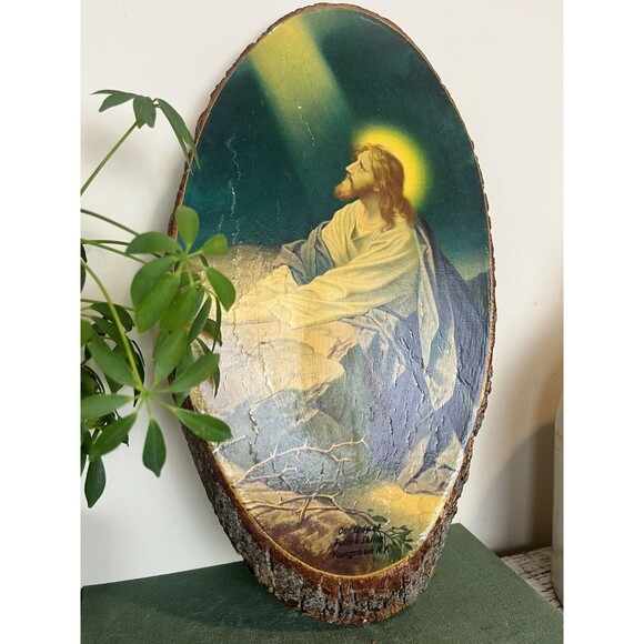 Vintage Jesus Decoupage on Wood with Bark 17” Wall Hanging Christ In The Garden - Picture 1 of 7